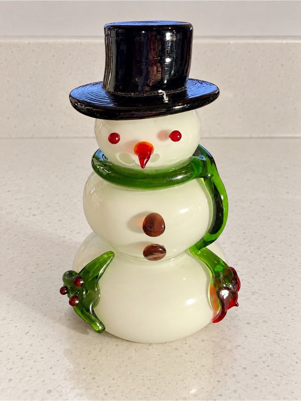 Blown Art Glass Snowman Figurine Black Top Hat Green Scarf Christmas 5”